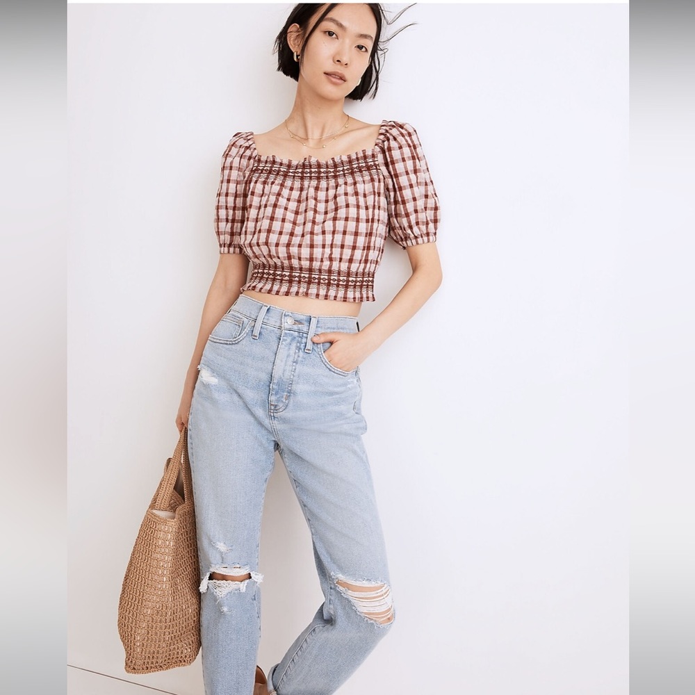 NWT Madewell Seersucker Jeanette Top in Plaid - Medium - Maroon - Ivory - Picture 2 of 7